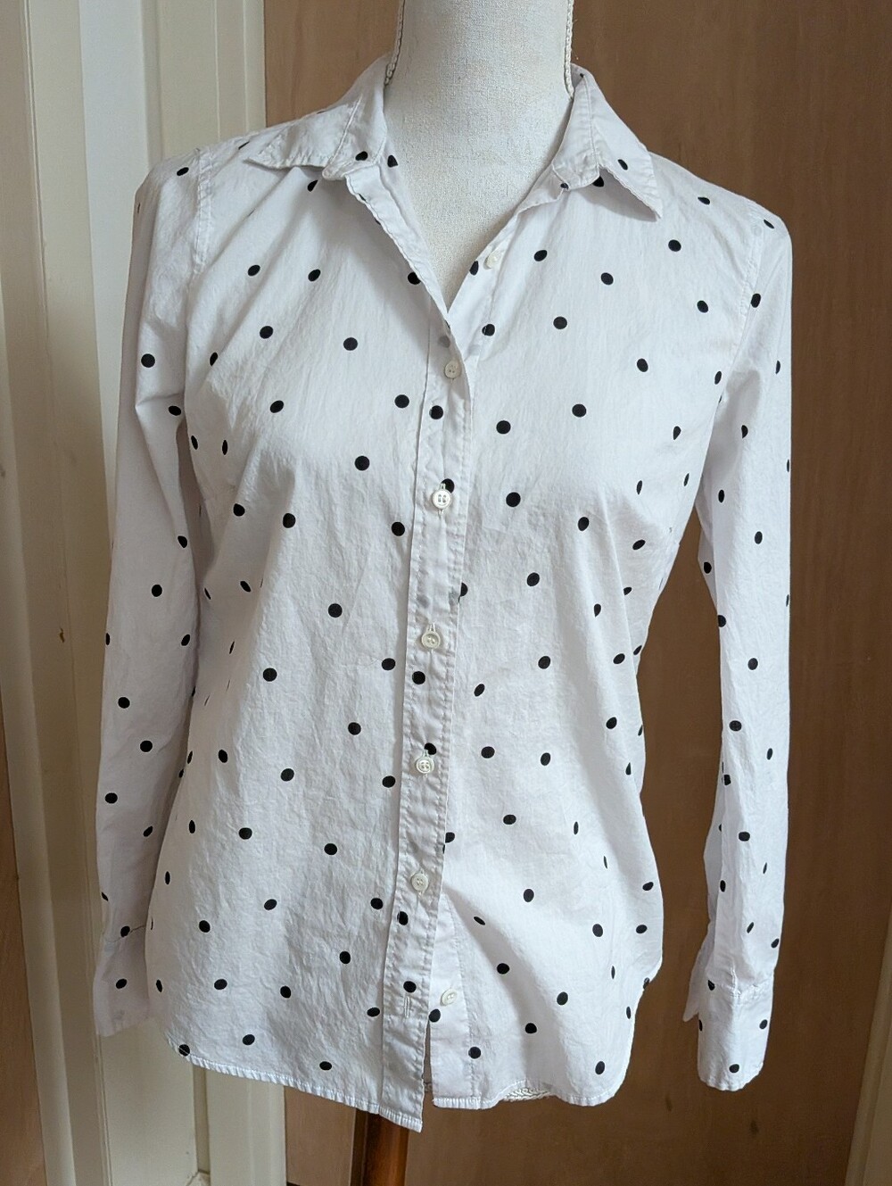 J.Crew Perfect Shirt White Black Polka Dot Button Front Cotton Blouse Size 2